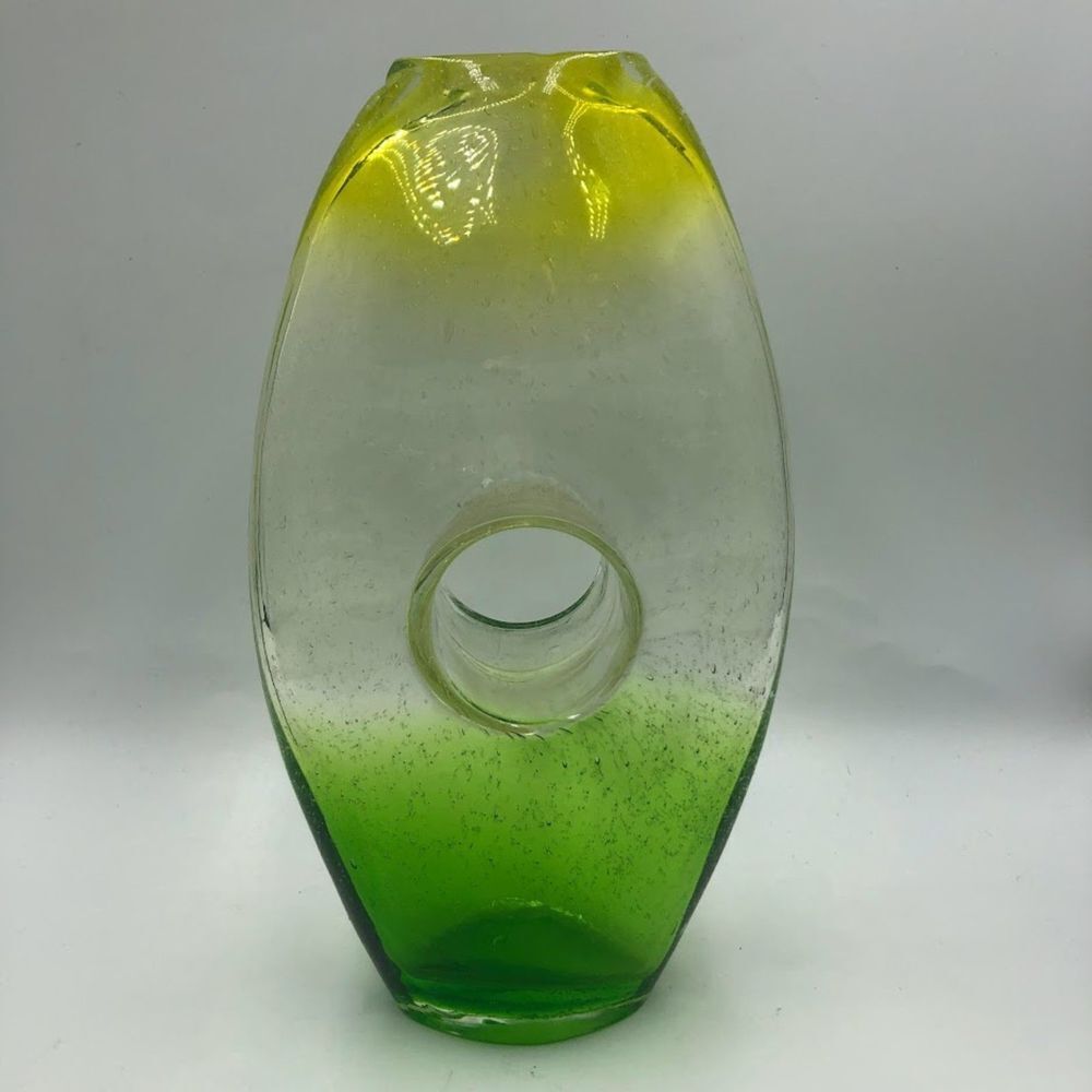 Vintage Ombre Yellow Green Clear Handblown Glass Tabletop Art Vase Décor Indoor